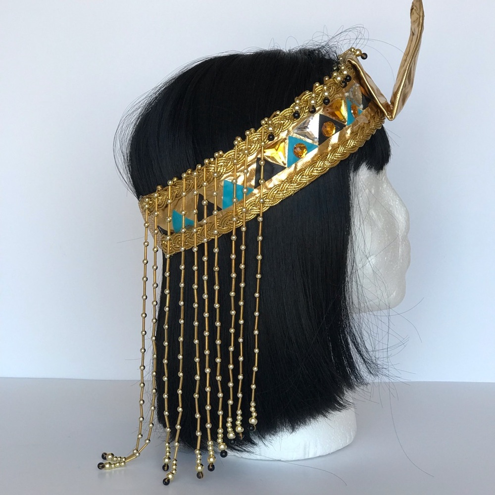 Cleopatra Black Synthetic Bob Wig with Bangs and Embellishe Headpiece Adult Size